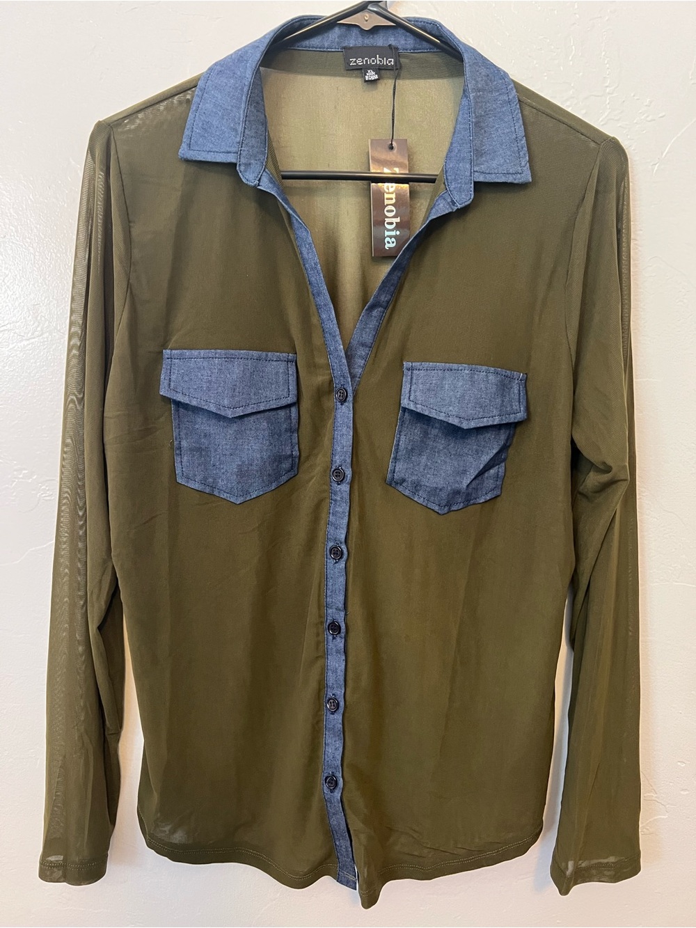 NWT Zenobia Olive Green Top with Blue Denim Trim Women’s Size XL Sheer